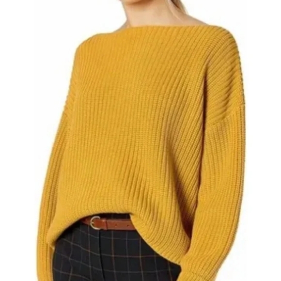 FRENCH Connection Mustard Yellow Waffle Knit Oversized Boatneck Cropped Sweater - Picture 1 of 13